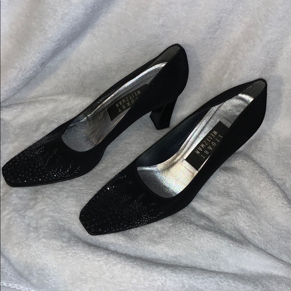 Stuart Weitzman Black Satin Heels w/Beadwork- NICE